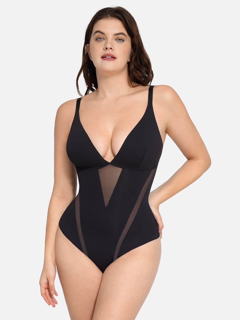 Women Deep V-Neck Thong Bodysuit