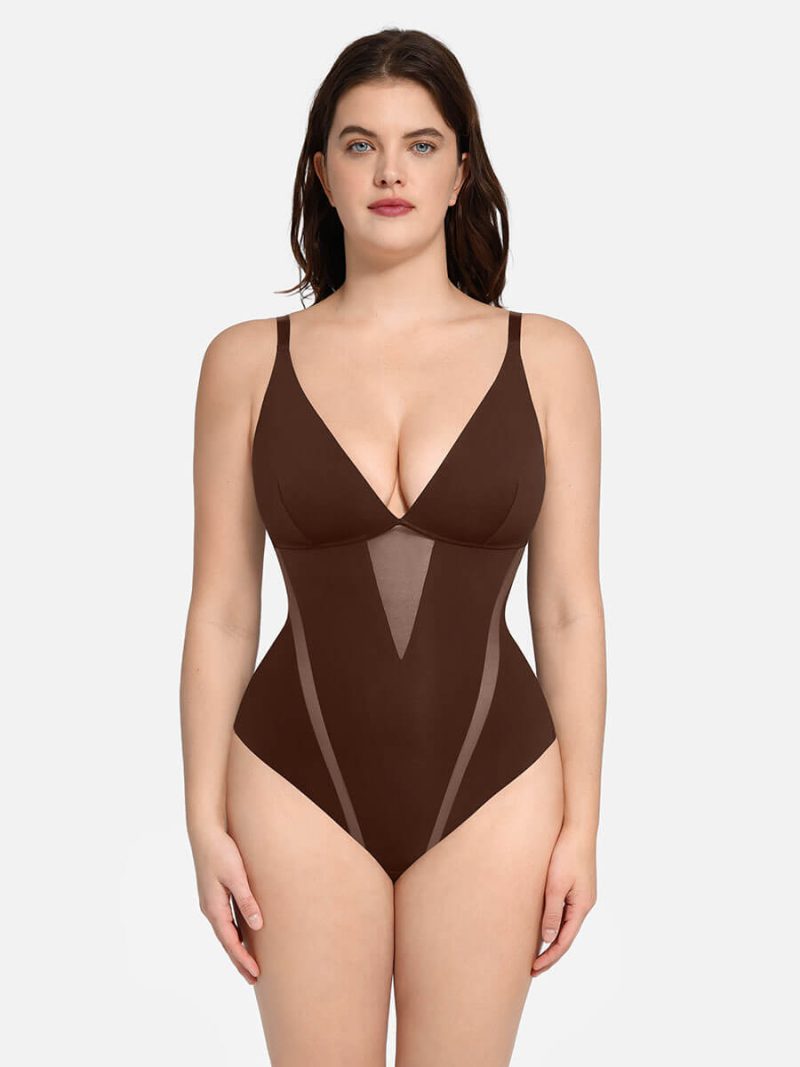 Women Deep V-Neck Thong Bodysuit