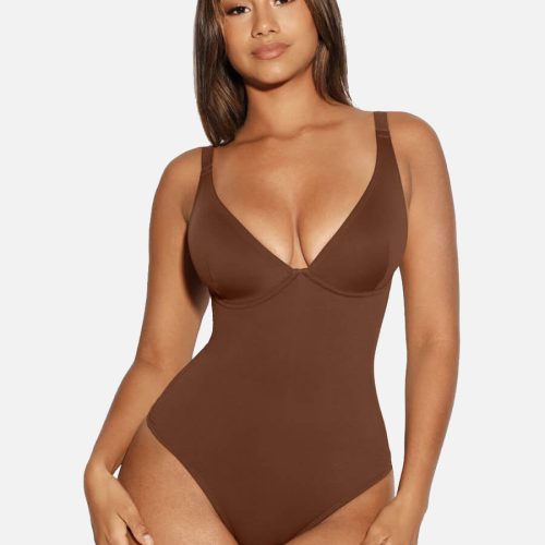 V Neck Tummy Control Thong Bodysuit