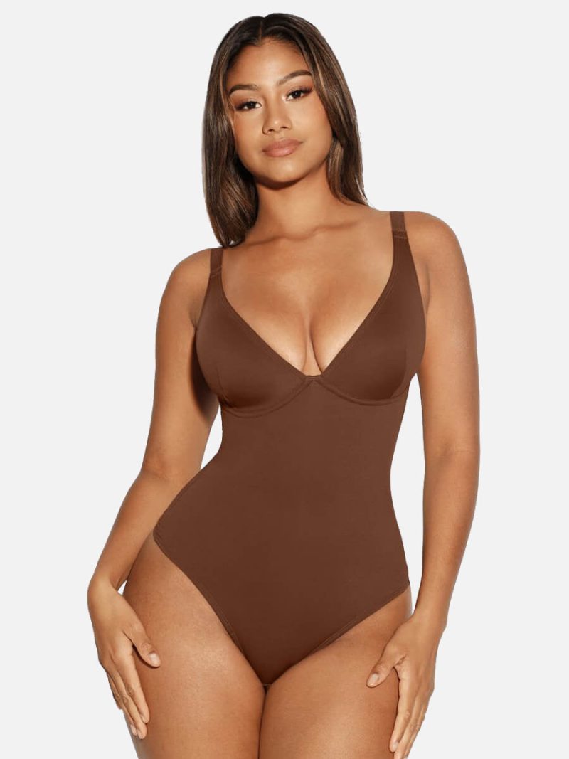 V Neck Tummy Control Thong Bodysuit