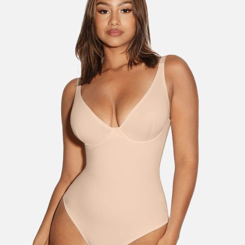 V Neck Tummy Control Thong Bodysuit