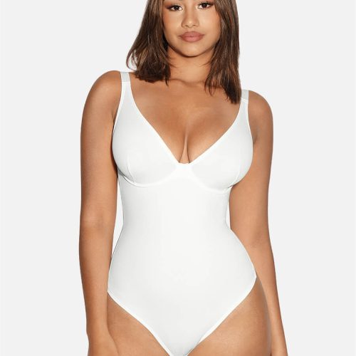 V Neck Tummy Control Thong Bodysuit