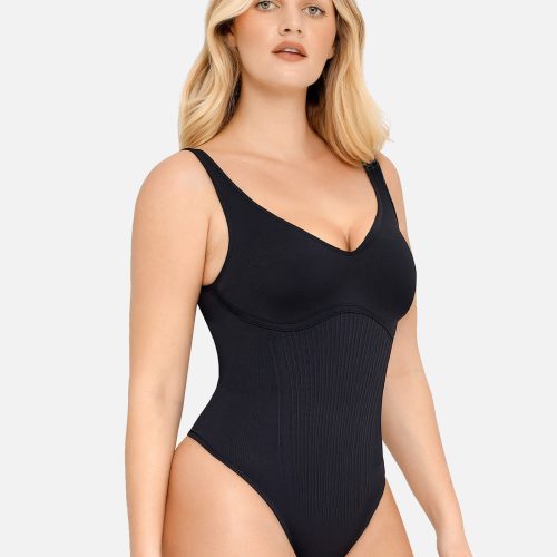 FeelinGirlTummyControlSlimmingVNeckThongBodysuits BK1 1