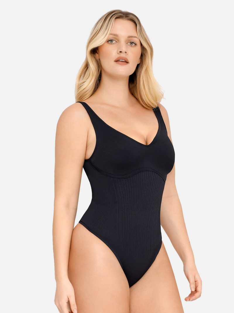 FeelinGirlTummyControlSlimmingVNeckThongBodysuits BK1 1