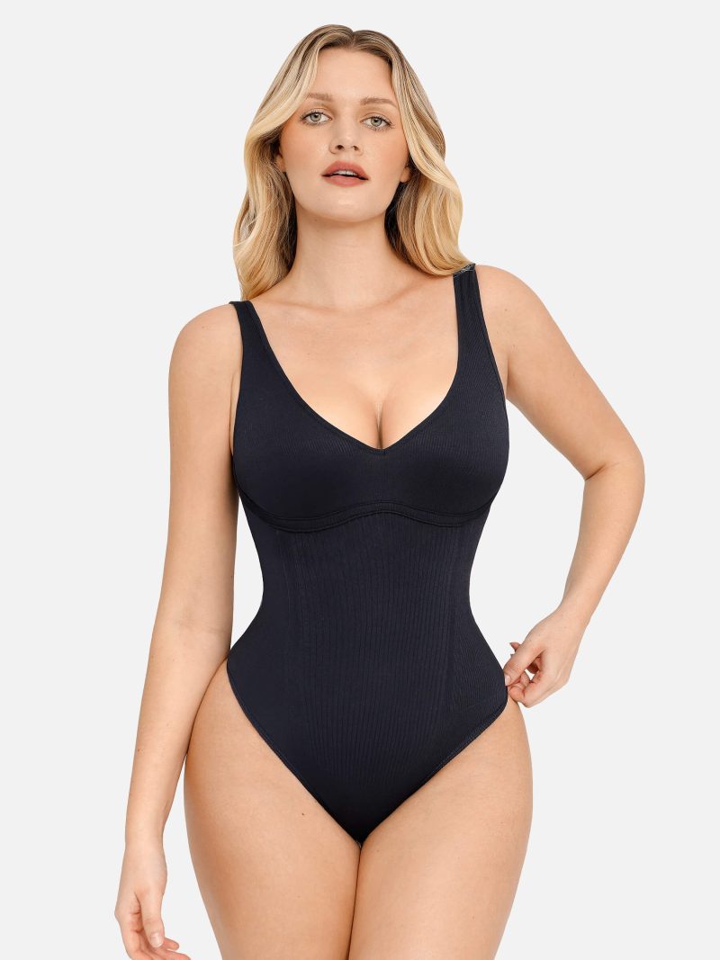 FeelinGirlTummyControlSlimmingVNeckThongBodysuits BK1 5