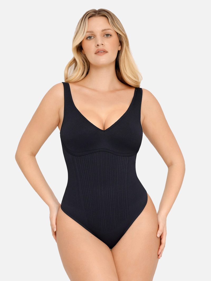 FeelinGirlTummyControlSlimmingVNeckThongBodysuits BK1 6