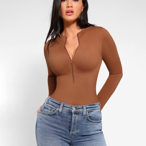 FeelinGirl Seamless Long Sleeve Zipper Thong Bodysuit 18