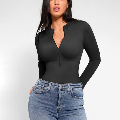 FeelinGirl Seamless Long Sleeve Zipper Thong Bodysuit 19