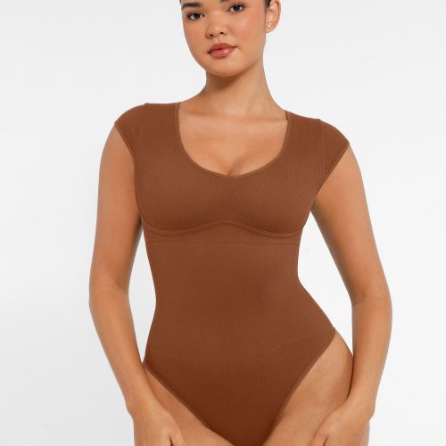 Feelingirl-Seamless-Deep-V-Tummy-Control-Bodysuit-with-Antimicrobial-Gusset-Removable-Cups-&-Built-In-Bra-Brown