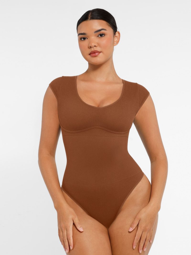 Feelingirl-Seamless-Deep-V-Tummy-Control-Bodysuit-with-Antimicrobial-Gusset-Removable-Cups-&-Built-In-Bra-Brown