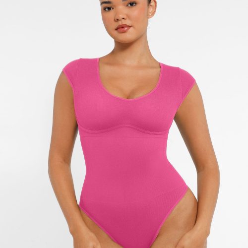 Feelingirl-Seamless-Deep-V-Tummy-Control-Bodysuit-with-Antimicrobial-Gusset-Removable-Cups-&-Built-In-Bra-Pink