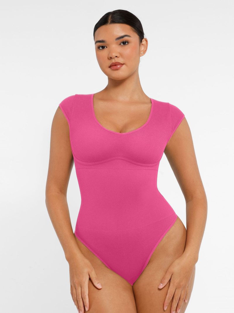 Feelingirl-Seamless-Deep-V-Tummy-Control-Bodysuit-with-Antimicrobial-Gusset-Removable-Cups-&-Built-In-Bra-Pink