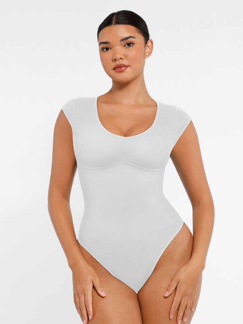 Feelingirl-Seamless-Deep-V-Tummy-Control-Bodysuit-with-Antimicrobial-Gusset-Removable-Cups-&-Built-In-Bra-White