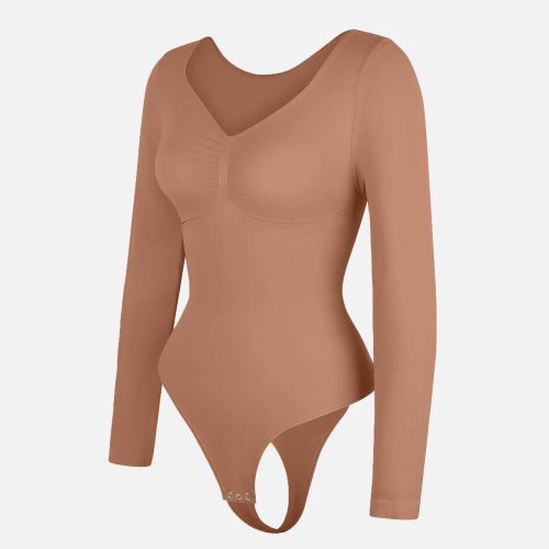 Feelingirl Seamless Long Sleeve Tummy Control Thong Bodysuit BK1 1 5