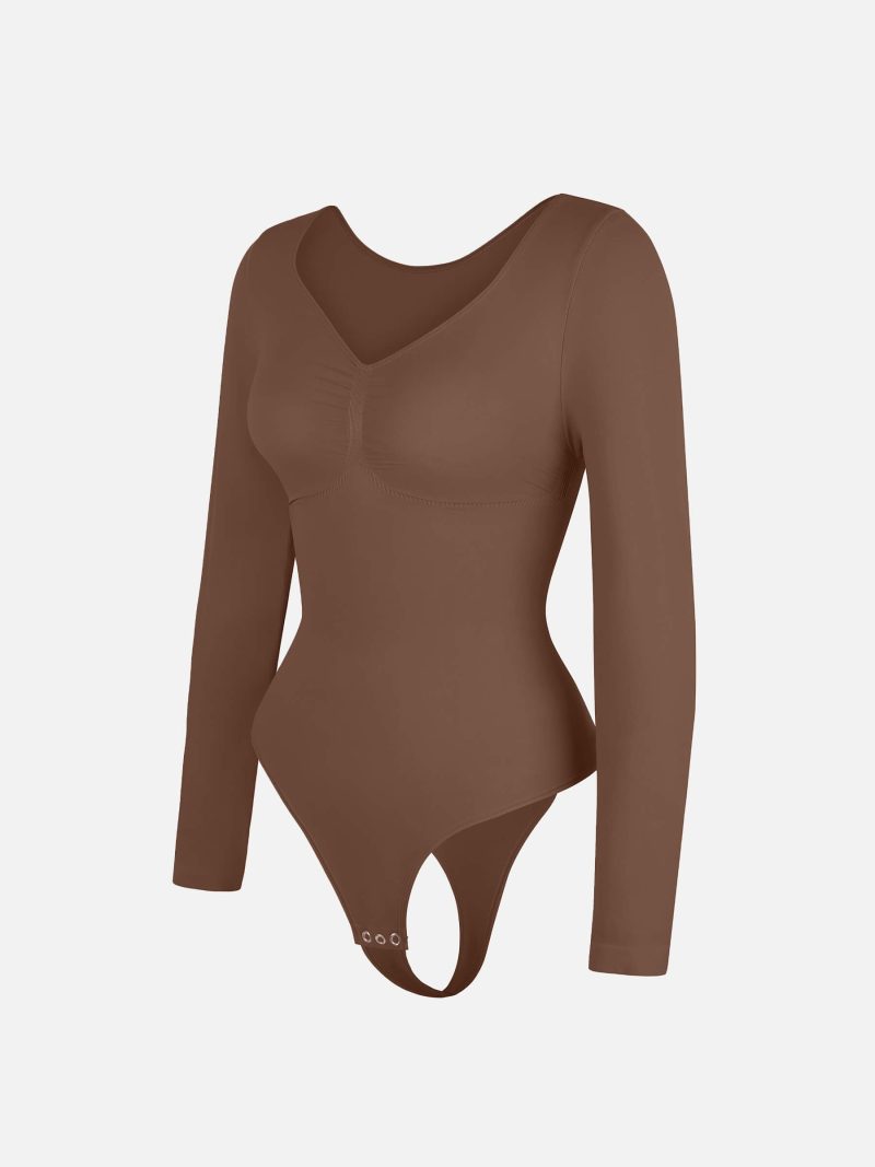 Feelingirl Seamless Long Sleeve Tummy Control Thong Bodysuit BK1 1 8