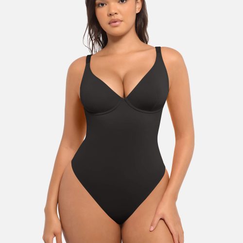 Feelingirl V Neck Tummy Control Bodysuit BK1 2