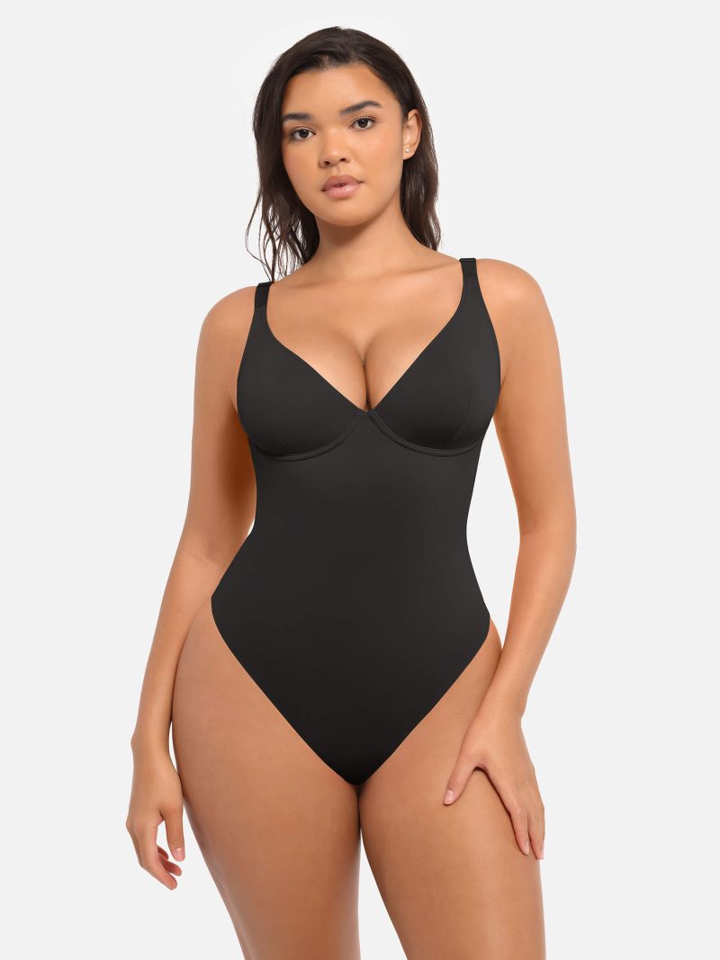 Feelingirl V Neck Tummy Control Bodysuit BK1 2