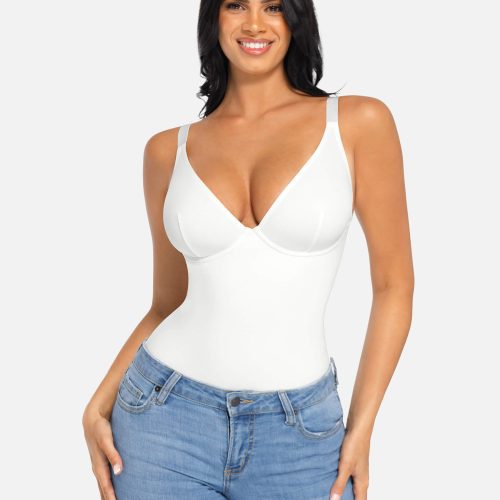 Feelingirl V Neck Tummy Control Thong Bodysuit 9