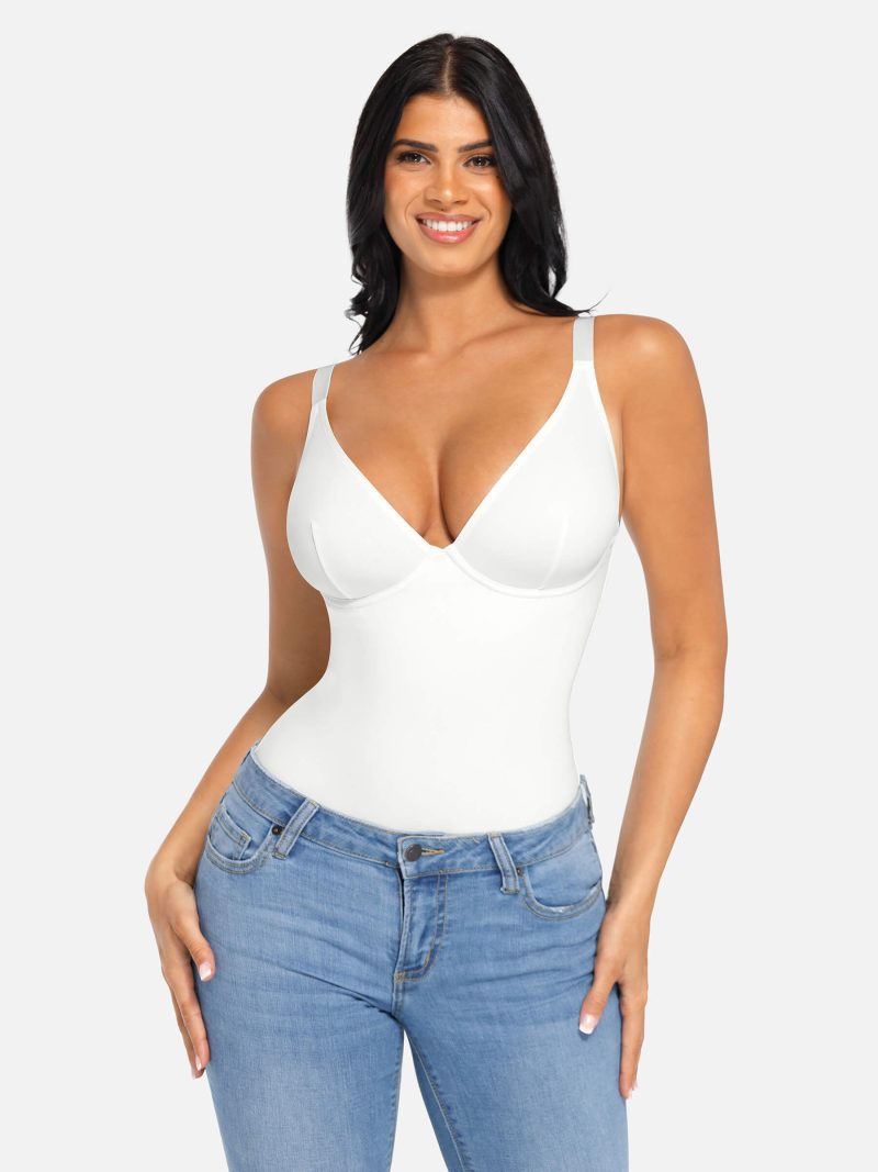 Feelingirl V Neck Tummy Control Thong Bodysuit 9