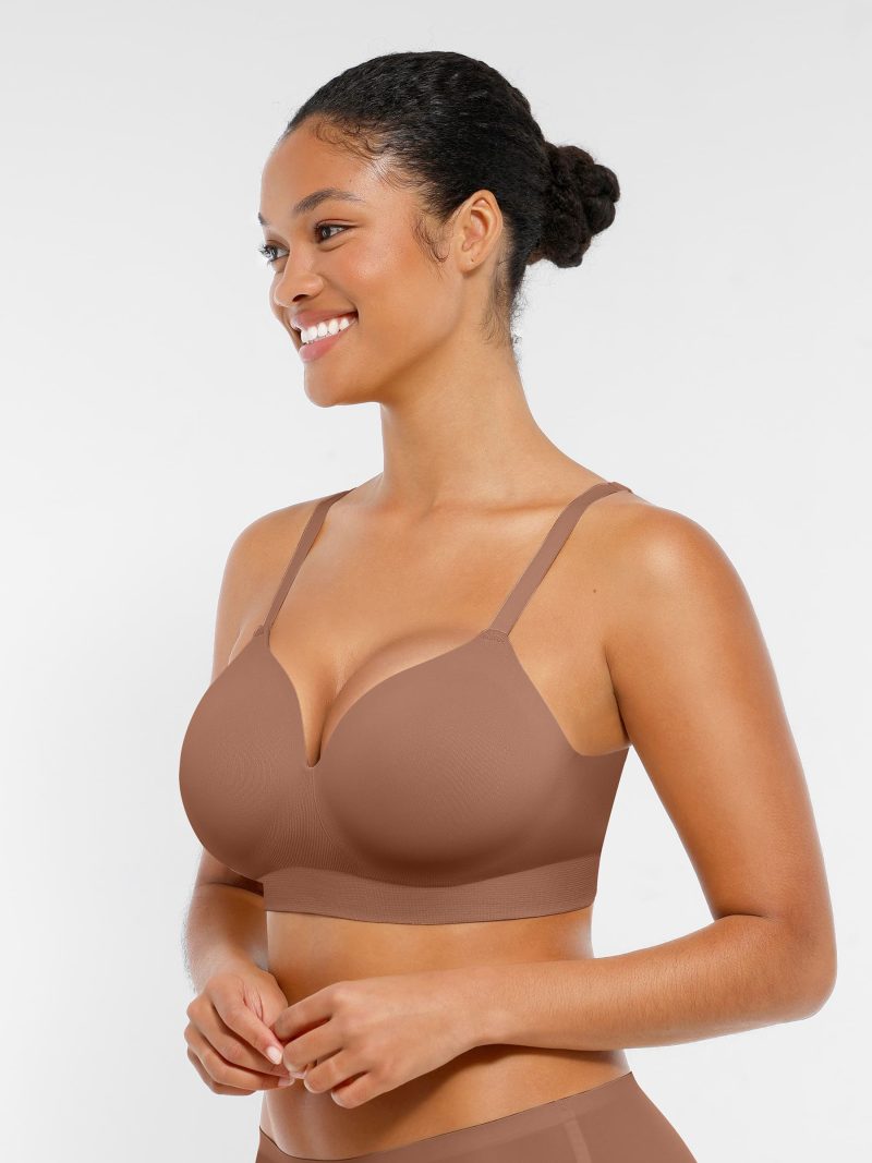 Feelingirl Wireless Seamless Push Up V neck Bra Flame Red Light Khaki 2